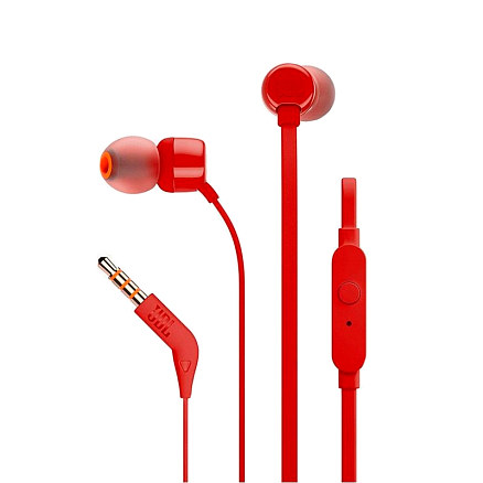 Наушники JBL Tune 110 вакуумные с микрофоном и плоским проводом красные
