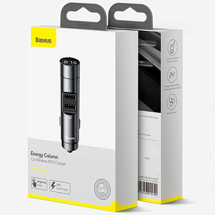FM модулятор (трансмиттер) автомобильный Baseus Energy Column с громкой связью и двумя USB (3.1A) PD 18W для зарядки серый