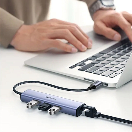 Хаб (разветвитель) Type-C - 3 х USB 3.0, RJ45 Ugreen CM475 серый