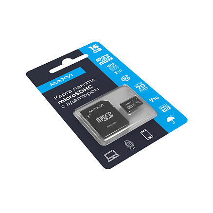 Карта памяти Maxvi MSD16GBC10V10 MicroSDHC 16Gb Class 10 UHS-I V10 с адаптером SD