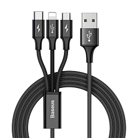 Кабель USB - Lightning, MicroUSB, Type-C 1,2 м 3A плетеный Baseus Rapid черный