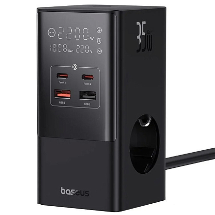 Сетевой фильтр на 2 розетки, 2 USB, 2 Type-C 35W GaN длина 1.5 м Baseus CCGAN35-S3ACE