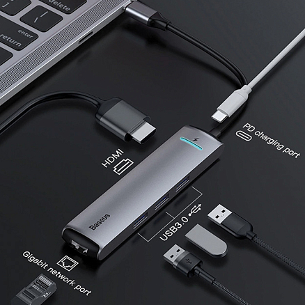 Хаб (разветвитель) Type-C - 3 x USB 3.0, RJ45, HDMI, Type-C Baseus Mechanical eye серый