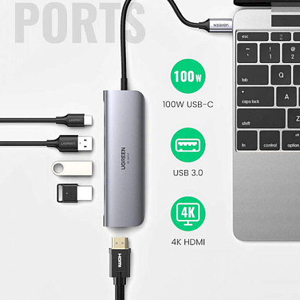 Хаб (разветвитель) Type-C - HDMI 4K 60Hz, 3 х USB 3.0, Type-C PD 100W Ugreen CM136-70495 серый