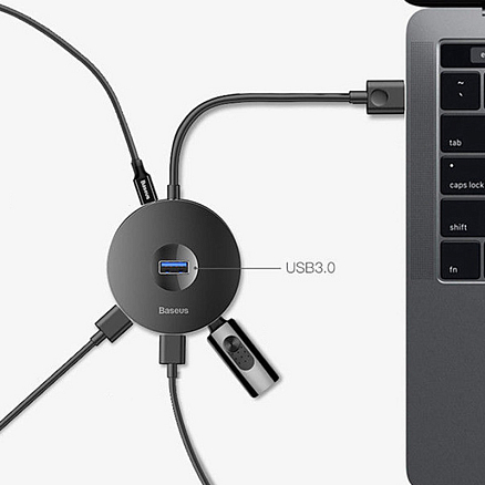 USB 3.0 HUB (разветвитель) на 1 порт USB 3.0 и 3 порта USB 2.0 25 см Baseus Round Box с питанием MicroUSB черный