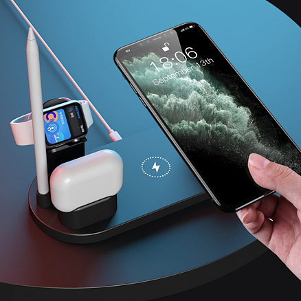 Беспроводная зарядка 7-в-1 для двух телефонов, Apple Watch, AirPods и Apple Pencil 10W c двумя USB портами SeenDa WS15 черная