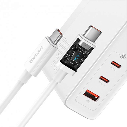 Зарядное устройство сетевое с USB и двумя Type-C входами с кабелем 5A 140W Baseus GaN5 Pro (быстрая зарядка QC, PD) белое