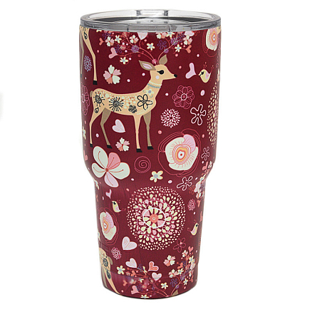 Термокружка Rambler Tumbler 900мл Pattern Reindeer красная