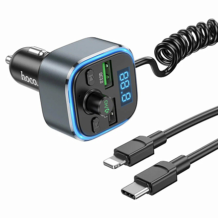 FM модулятор (трансмиттер) автомобильный с громкой связью, USB QC для зарядки и кабелем Type-C + Lightning Hoco E74 серый