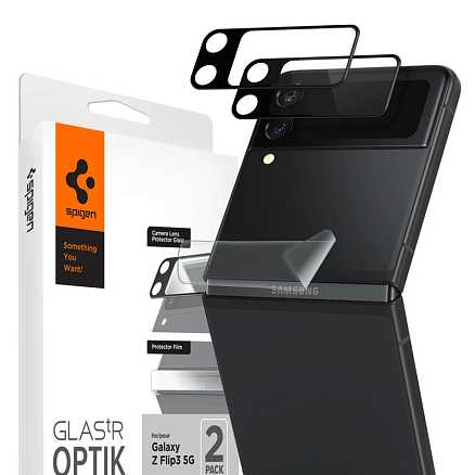 Защитное стекло на камеру и пленка на корпус для Samsung Galaxy Z Flip 3 Spigen GLAS.tR черное
