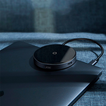Беспроводная зарядка для телефона с USB хабом на 4 порта Baseus Circular Mirror (быстрая зарядка) c Type-C кабелем черная