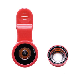 Объектив для телефона универсальный 3-в-1: Fisheye, Wide-Angle, Macro на прищепке красный