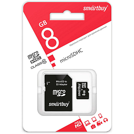 Карта памяти SmartBuy microSDHC (Class 10) 8 Гб + SD адаптер (SB8GBSDCL10-01)