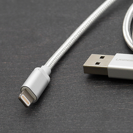 Кабель USB - Lightning для зарядки iPhone 2 м 2.4А MFi плетеный Ugreen US199 серебристый
