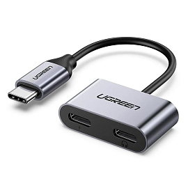 Type-C HUB (разветвитель) на 2 порта для наушников и зарядки 3A PD 60W Ugreen CM232 серый