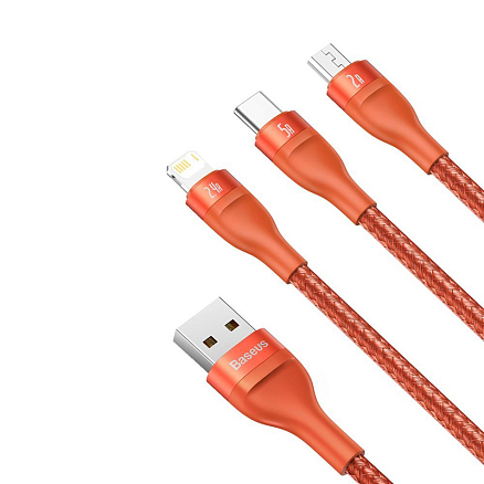 Кабель USB - Lightning, MicroUSB, Type-C 1,2 м 5A 40W плетеный Baseus Flash (быстрая зарядка) оранжевый 