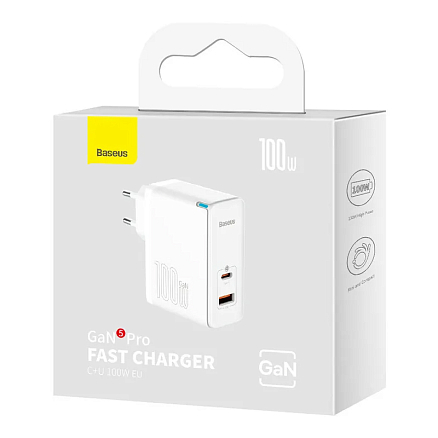 Зарядное устройство сетевое с USB и Type-C входами 100W Baseus GaN5 Pro (быстрая зарядка QC, PD) белое