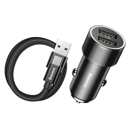 Зарядное устройство автомобильное с двумя USB входами 3.4A и Type-C кабелем Baseus Small Screw (быстрая зарядка QC 3.0) черное