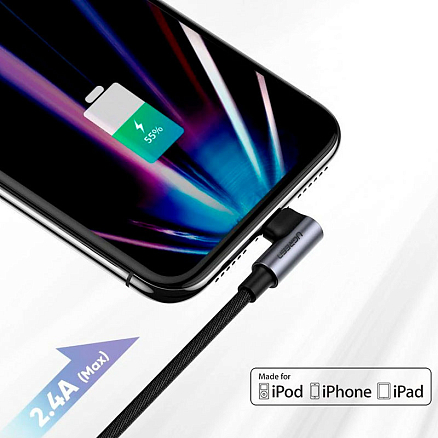 Кабель USB - Lightning для зарядки iPhone 2 м 2.4А MFi с угловым Lightning плетеный Ugreen US299 черный