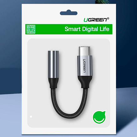 Переходник Type-C - 3,5 мм (папа - мама) 10 см Ugreen AV142 черный