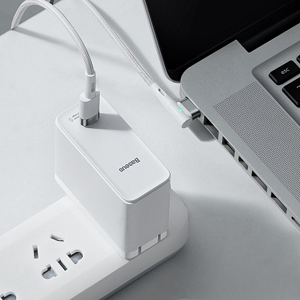 Кабель Type-C - MagSafe для зарядки Macbook длина 2 м 60W магнитный плетеный с L-образным штекером Baseus Zinc белый