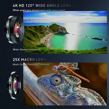 Объектив для телефона универсальный 4-в-1: Telephoto 22Х, Fisheye, Wide-Angle, Macro Apexel APL-22 + штатив для телефона