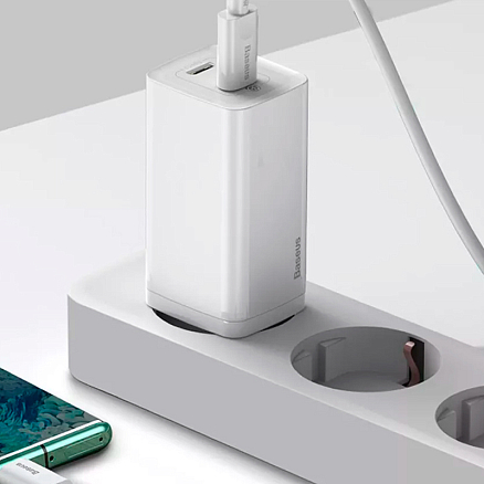 Зарядное устройство сетевое с двумя Type-C входами 3А 65W Baseus GaN2 Lite (быстрая зарядка QC, PD) белое