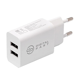 Зарядное устройство сетевое с двумя USB входами 2.1А и кабелем Type-C Digitalpart WC-250 белое