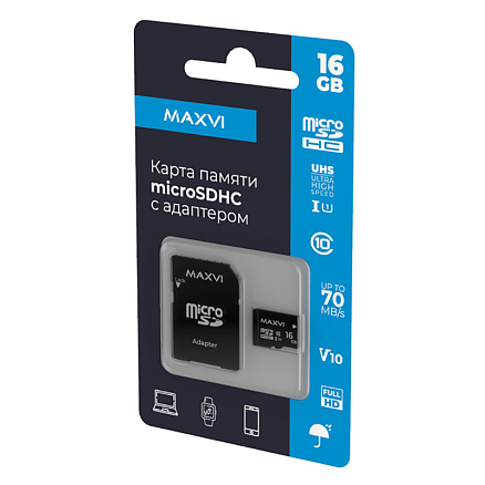 Карта памяти Maxvi MSD16GBC10V10 MicroSDHC 16Gb Class 10 UHS-I V10 с адаптером SD