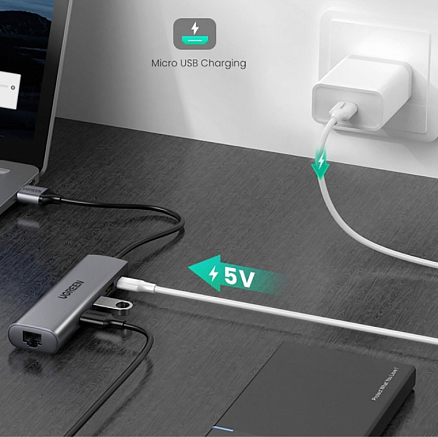 USB 3.0 HUB (разветвитель) на 3 порта + Gigabit Ethernet Ugreen CM266 с питанием MicroUSB черный