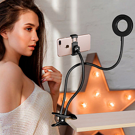 Кольцевая лампа и держатель для телефона с гибкими ножками на прищепке Handy черная