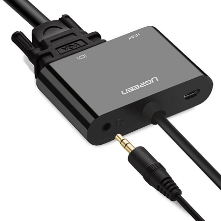 Преобразователь HDMI - VGA + Audio, HDMI (папа - мама, мама) с кабелем Ugreen CM101 черный