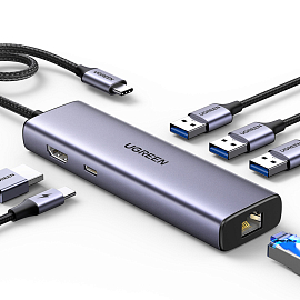 Хаб (разветвитель) Type-C - HDMI 4K 30Hz, 3 х USB 3.0, Gigabit Ethernet, Type-C PD 100W Ugreen CM512-15598 серый
