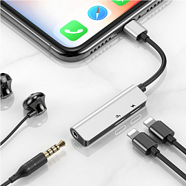 Переходник Lightning - 3,5 мм, 2 х Lightning (папа - мама, мама) Baseus L52 черно-серебристый