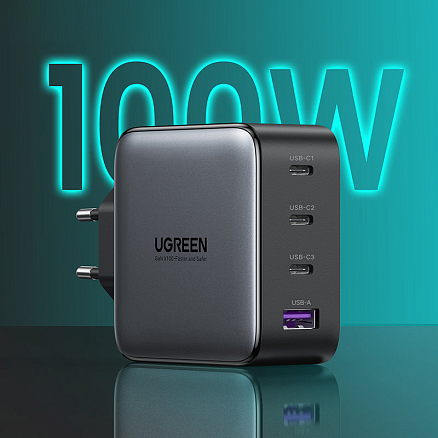 Зарядное устройство сетевое с USB и тремя Type-C входами 100W GaN Ugreen CD226 (быстрая зарядка PD 3.0, QC 3.0) черное