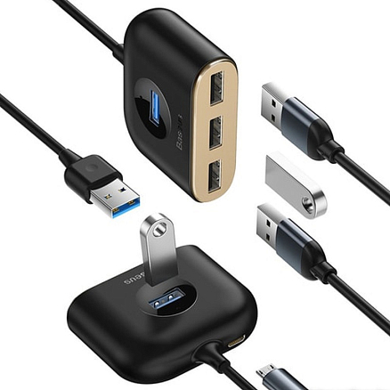 USB 3.0 HUB (разветвитель) на 4 порта Baseus Square Round с питанием USB черный