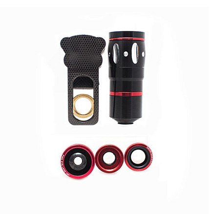 Объектив для телефона универсальный 4-в-1: Fisheye, Wide-Angle, Macro, Telephoto 10х на прищепке темно-серый