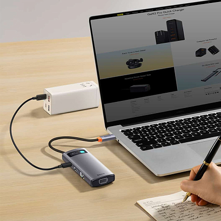 Хаб (разветвитель) Type-C - HDMI, 3 х USB 3.0, Type-C PD, VGA, RJ45 Baseus Gleam Series серый