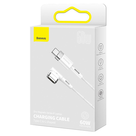 Кабель Type-C - MagSafe для зарядки Macbook длина 2 м 60W магнитный плетеный с L-образным штекером Baseus Zinc белый