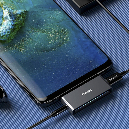 Переходник Type-C - 3,5 мм, Type-C (папа - мама, мама) Baseus L57 (быстрая зарядка PD) черный