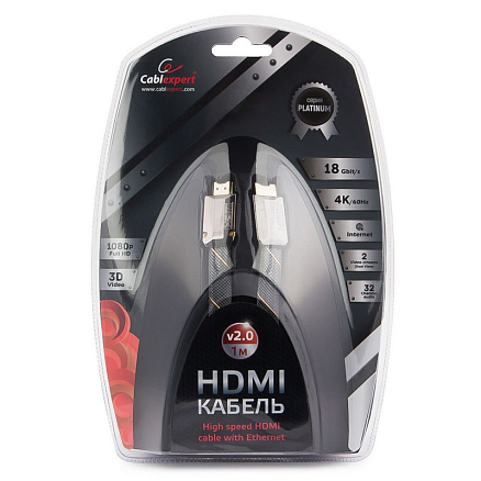 Кабель HDMI - HDMI (папа - папа) длина 1 м версия 2.0 4K 60Hz плетеный Cablexpert черный