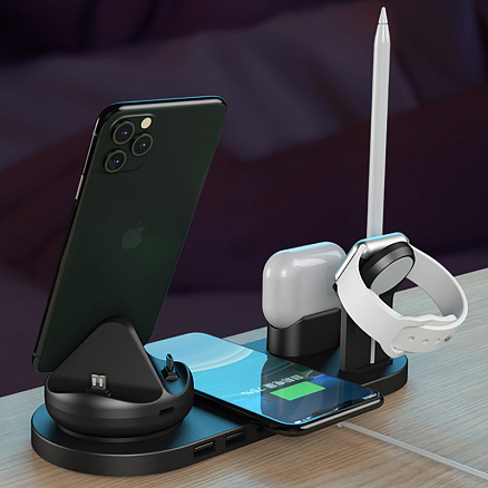 Беспроводная зарядка 7-в-1 для двух телефонов, Apple Watch, AirPods и Apple Pencil 10W c двумя USB портами SeenDa WS15 черная
