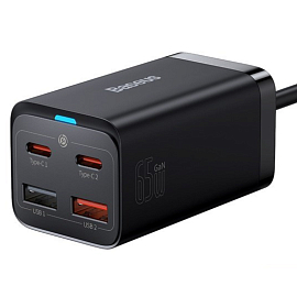 Зарядное устройство сетевое с двумя USB и двумя Type-C входами 3А 65W с кабелем Baseus GaN3 Pro (быстрая зарядка QC 4.0, 3.0, PD) черное