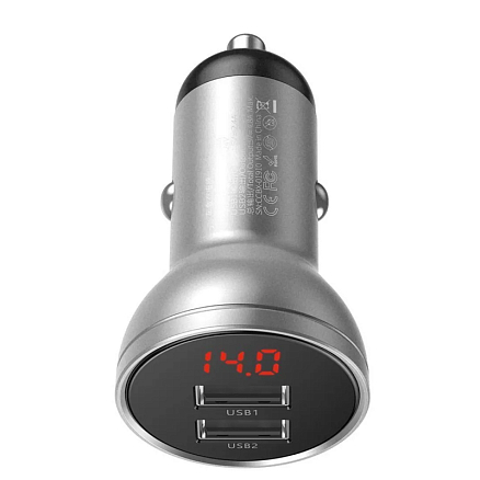 Зарядное устройство автомобильное с двумя USB входами 4.8A 24W Baseus Digital Display серебристое