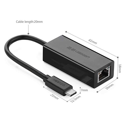 Переходник Type-C  - Ethernet RJ45 (папа - мама) с кабелем Ugreen 30287 черный