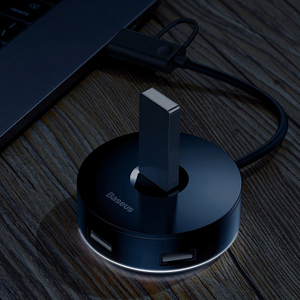 USB 3.0 + Type-C HUB (разветвитель) на 1 порт USB 3.0 и 3 порта USB 2.0 12 см Baseus Round Box с питанием MicroUSB черный