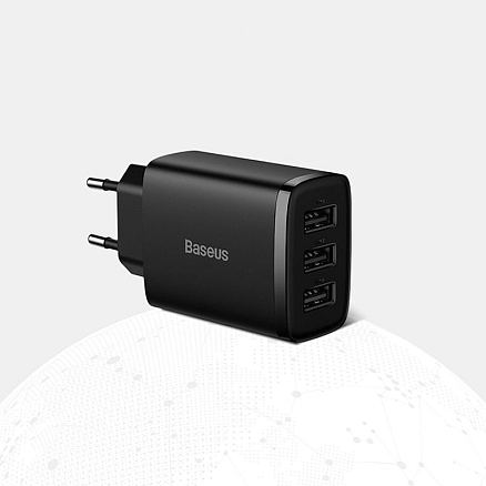 Зарядное устройство сетевое с тремя USB входами Baseus Compact Charger 3U 17W черное