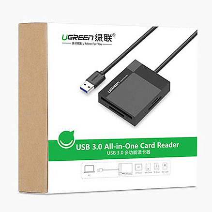 Картридер USB 3.0 универсальный длина 50 см Ugreen CR125 черный