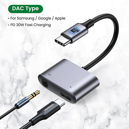 Переходник Type-C - 3,5 мм, Type-C PD 30W Ugreen CM231 серый