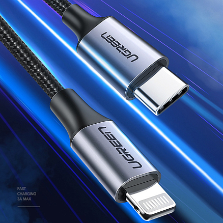 Кабель Type-C - Lightning для зарядки 2 м 3А MFi плетеный Ugreen US304 (быстрая зарядка PD) черный